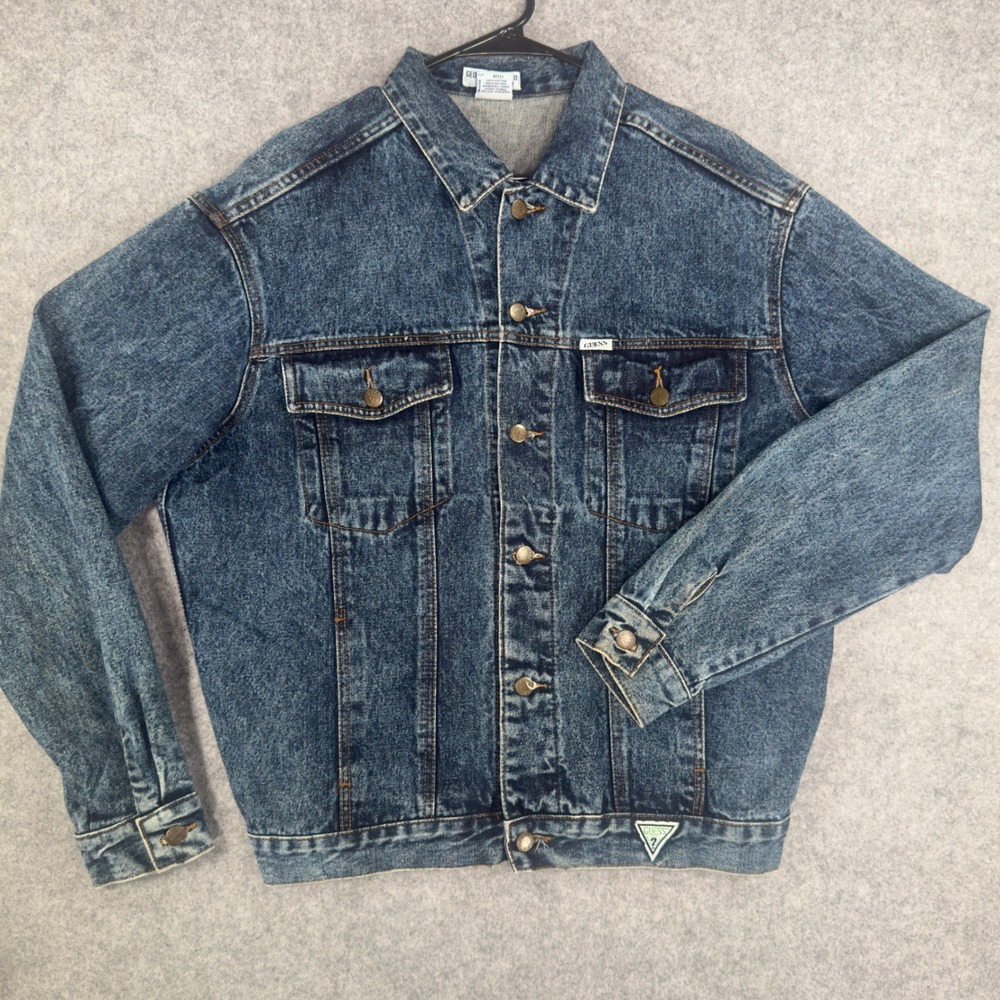 Vintage Guess Acid Wash Denim Trucker Jacket Mens Blue Cotton 82111‎ Geo Cut